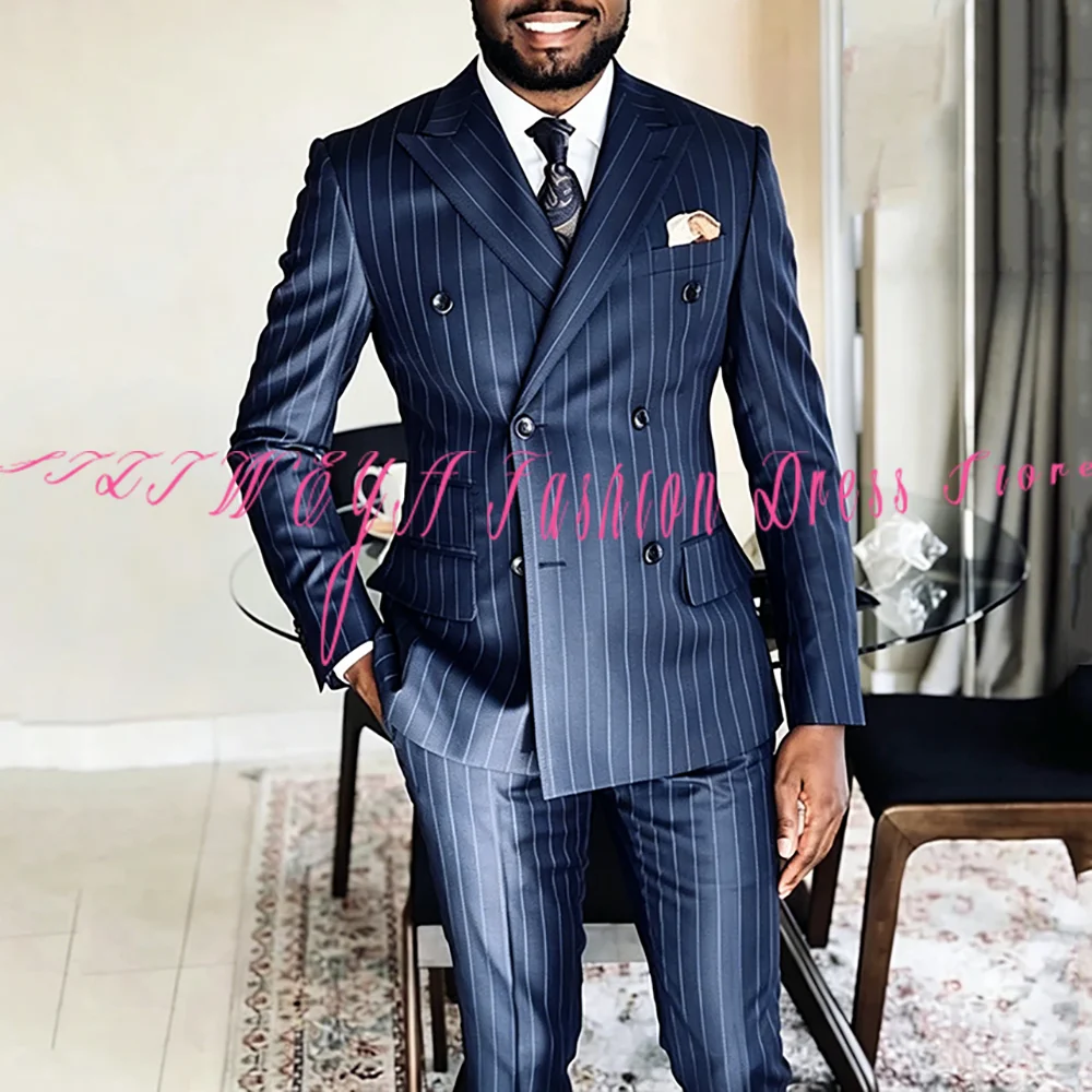

Tailor-Made Stripe Men's Suit 2 Pieces Jacket Pants Chic Outfits Elegant Blazer Set Gentleman Double Breasted Fashion Trousers