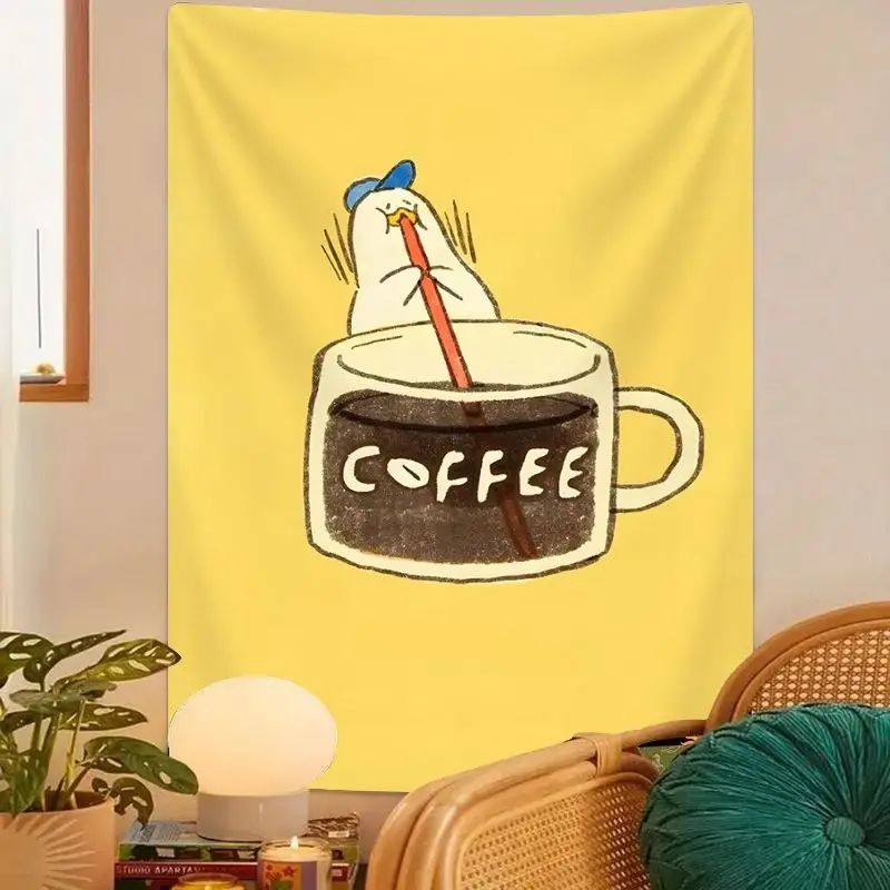 VIKAMA Coffee Survival Duck Tapestry Korean Healing Series, Cozy Wall Art for Coffee Shop Room Decoration view 3