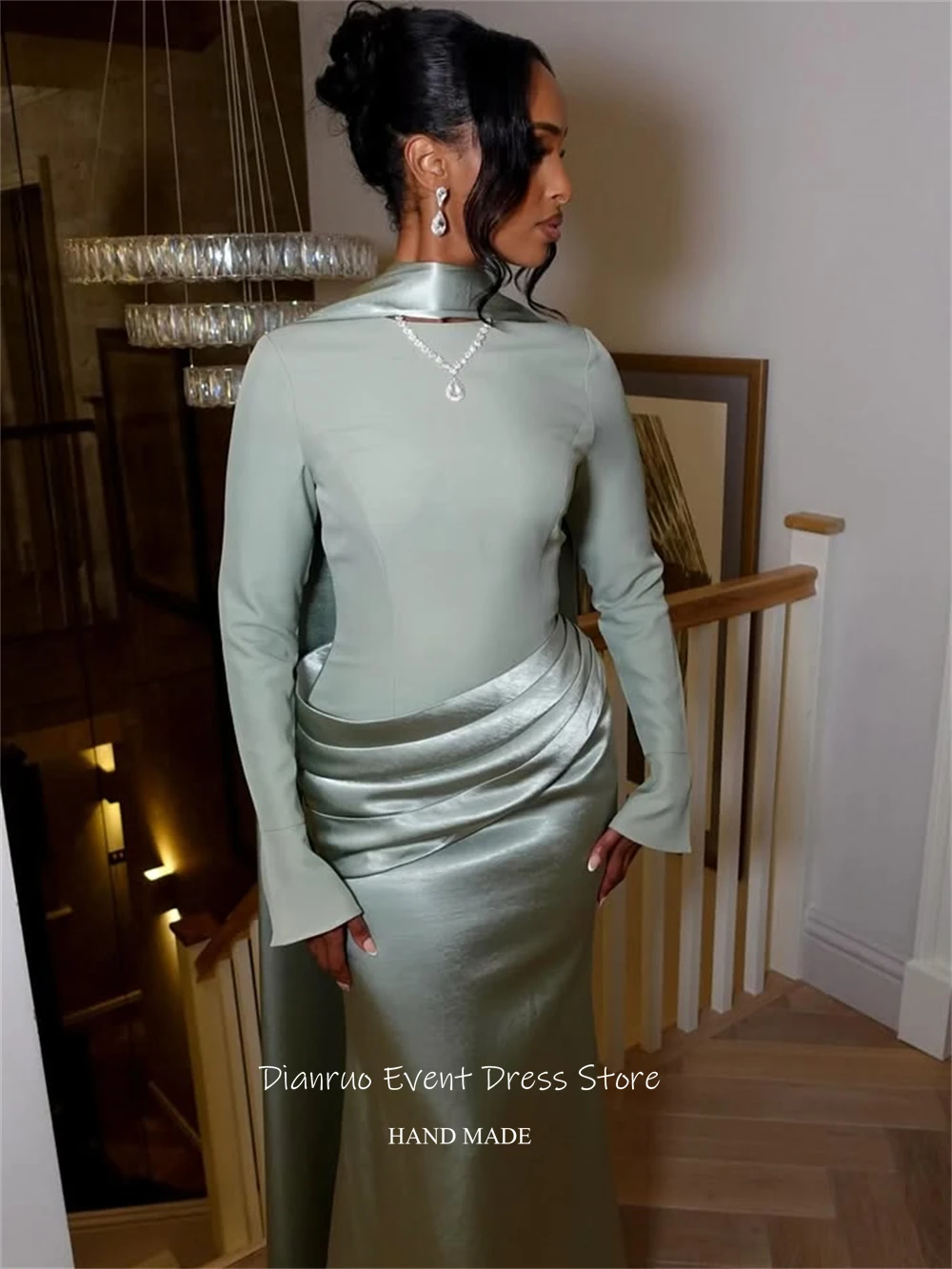 Dianruo белое вечернее платье с длинными рукавами и высоким воротом, атласный халат De Soirée Femme, ленты ручной работы, Vestidos Para Mujer по индивидуальному заказу