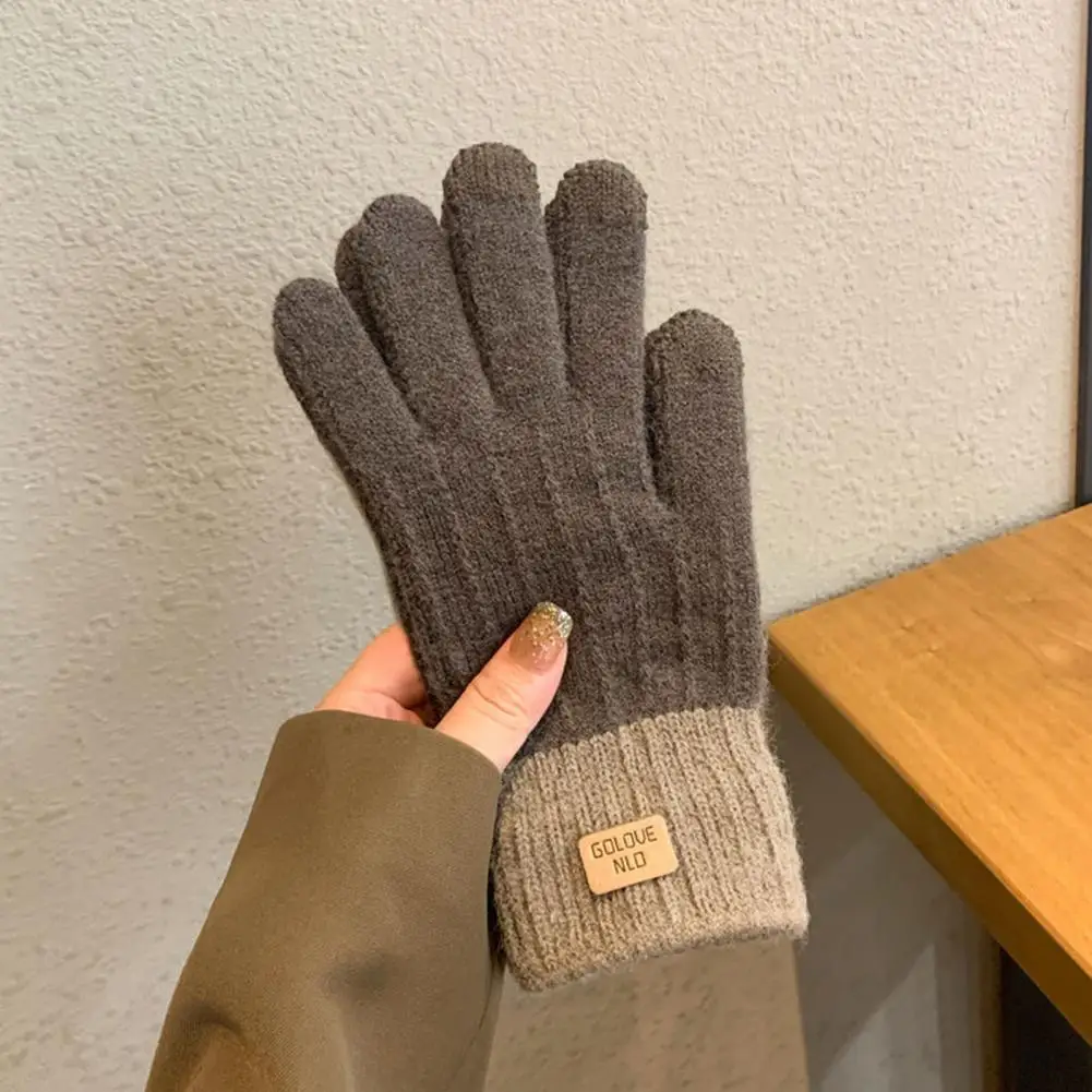 1 Paar Winterhandschoenen Unisex Touchscreen Zachte Dikke Pluche Volledige Vingers Gebreide Kleur Bijpassende Verdikte Outdoor Fietshandschoenen