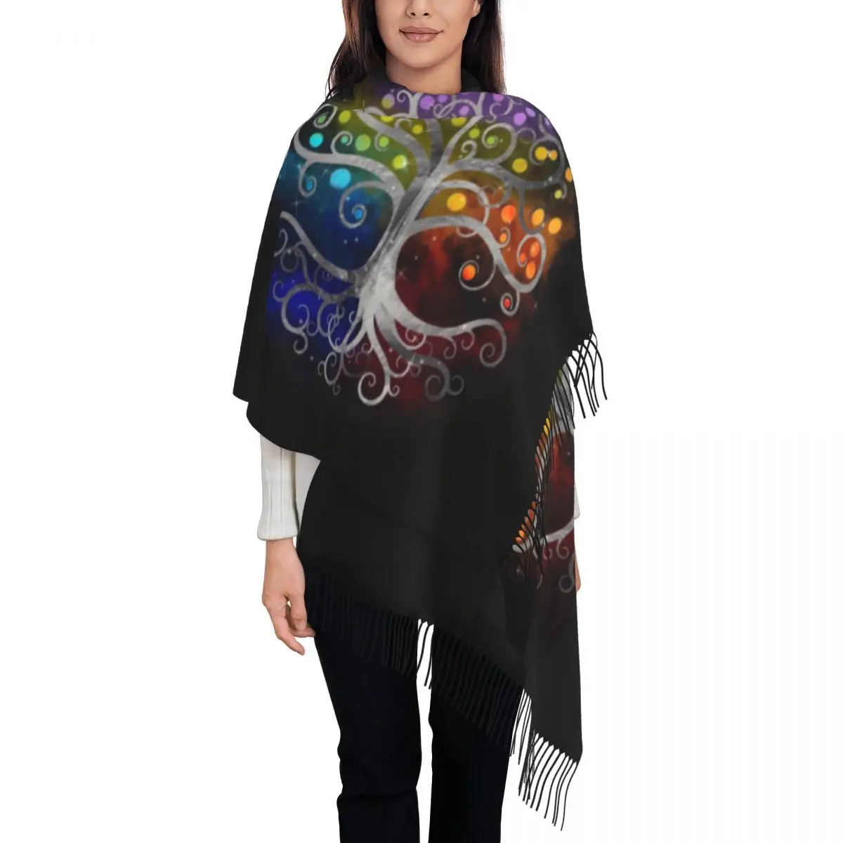 

Стильный серебряный шарф с кисточками «Древо жизни», женские зимние теплые шали, женские шарфы викингов