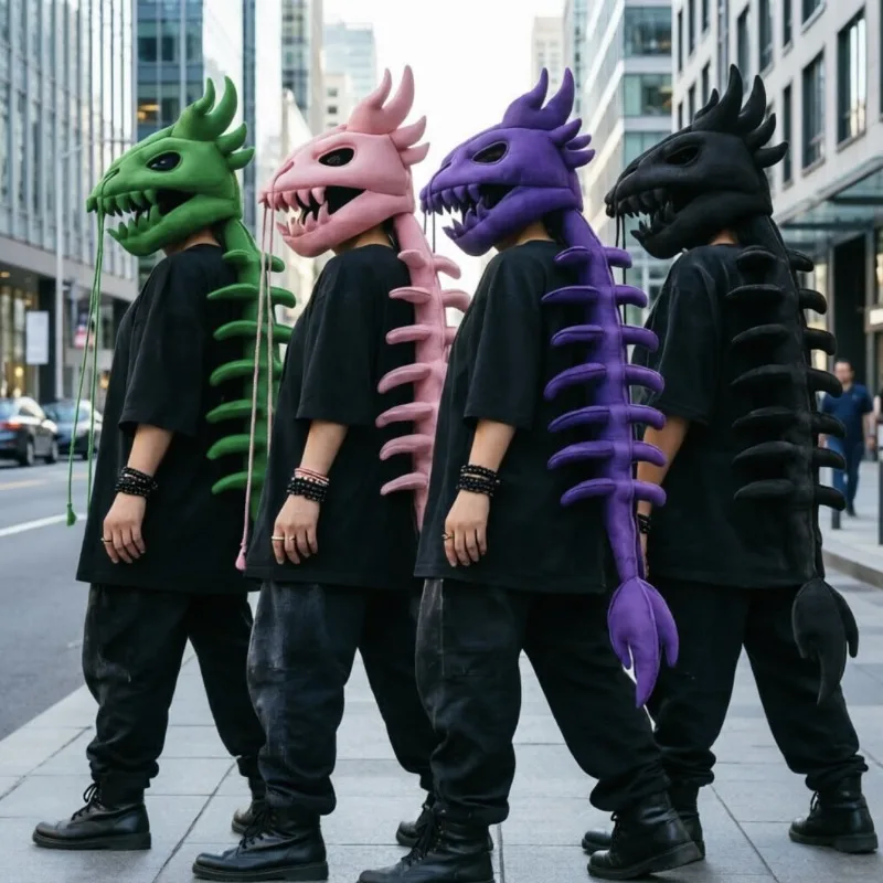 大型120cm恐竜骨格ぬいぐるみヘッドギア、脊椎と尾付き、面白いハロウィンコスプレコスチューム、柔らかく着用可能な恐竜の頭蓋骨