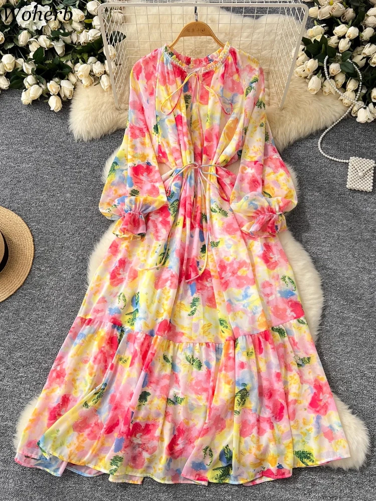 Bohemian Pearl O Neck Dress for Women 2024 Vestidos De Mujer Temperament Banfage Robe Femme Vintage Ruffled Flare Sleeve Dresses