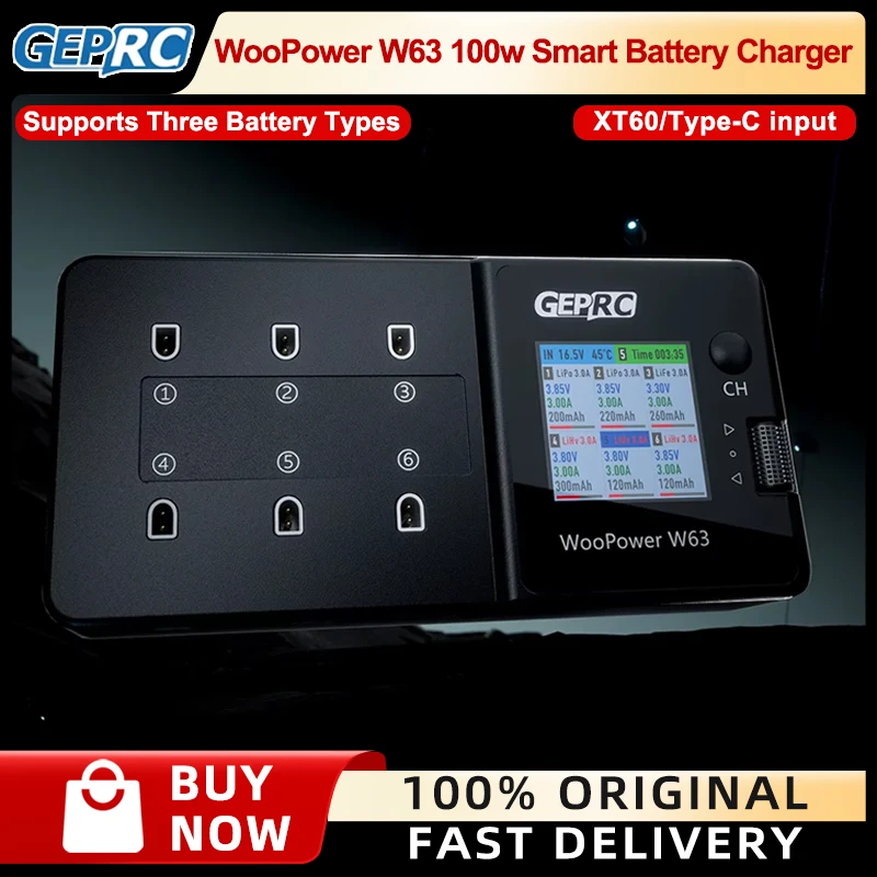 Cargador de batería inteligente GEPRC WooPower W63 de 100w, compatible con tres tipos de baterías, pantalla lPS de 1,54 pulgadas, 6 puertos con carga 3A