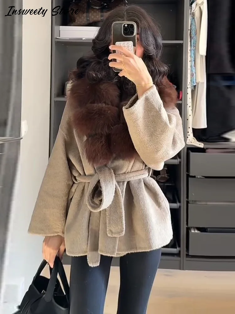 

Fashion Faux Fur Collar Overcoat Women's Long Sleeve Loose With Belt Classic Coats 2025 Autumn Winter New Lady Casual Outerwear