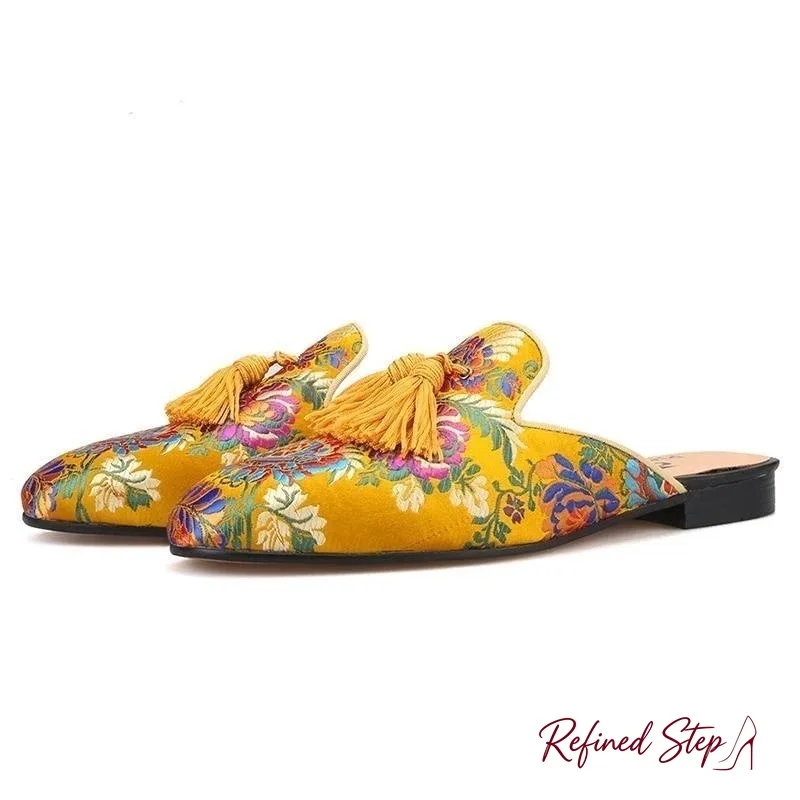 Refined Step Men Floral Print Tassel Mules Slippers Backless Loafers Slip On Flat Fashion Casual Home Outdoor Shoes