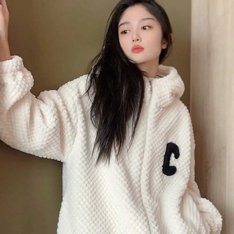 

Women's Pajamas Autumn Winter Coral Fleece Fleece Thickened Black Hooded Flannel Pajama Set Pyjamas Women Pajamas