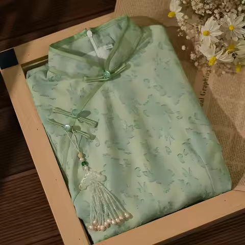 Yourqipao Summer Green Retro Long Improved Cheongsam Temperament Young Girls Chinese Style Qipao Evening Dress for Women