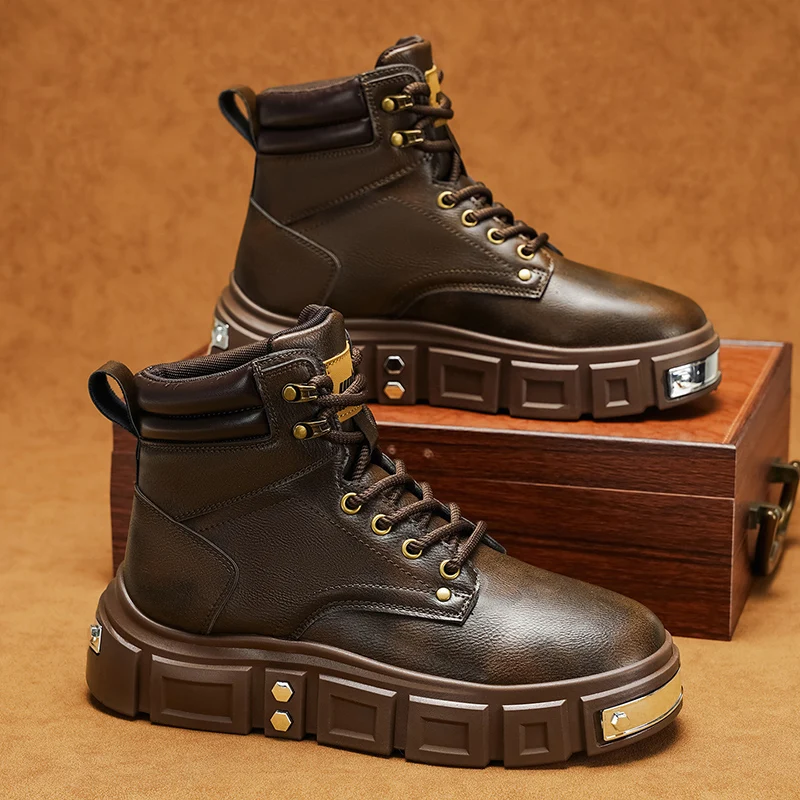 Men's high-top large-size solid color mecha-style work boots, with anti-collision toe cap, thick sole for height increase, non-slip and wear-resistant motorcycle boots