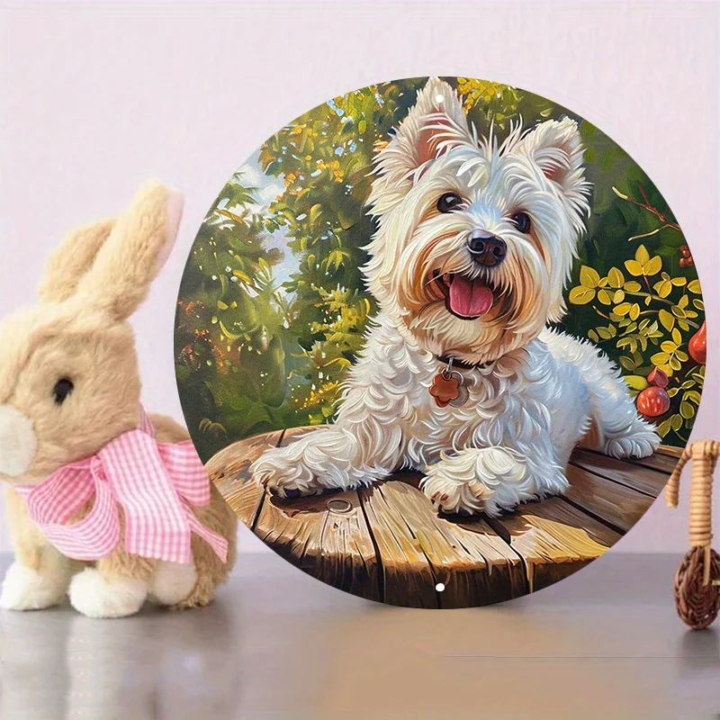 West Highland White Terrier Round Metal Sign, Waterproof Aluminum Dog Art Door, Wall Wreath Decor, 8 \