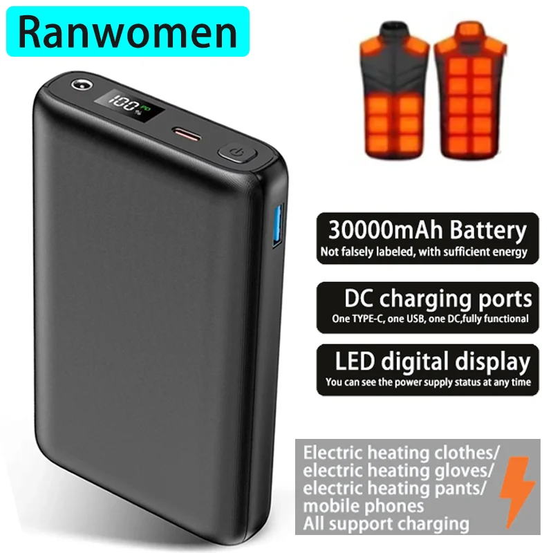 PowerBank 30000mAh 7.4V DC Port Portable LED Display USB-C And Fast Charge  Light Weight For Phone Heating Clothing Glove