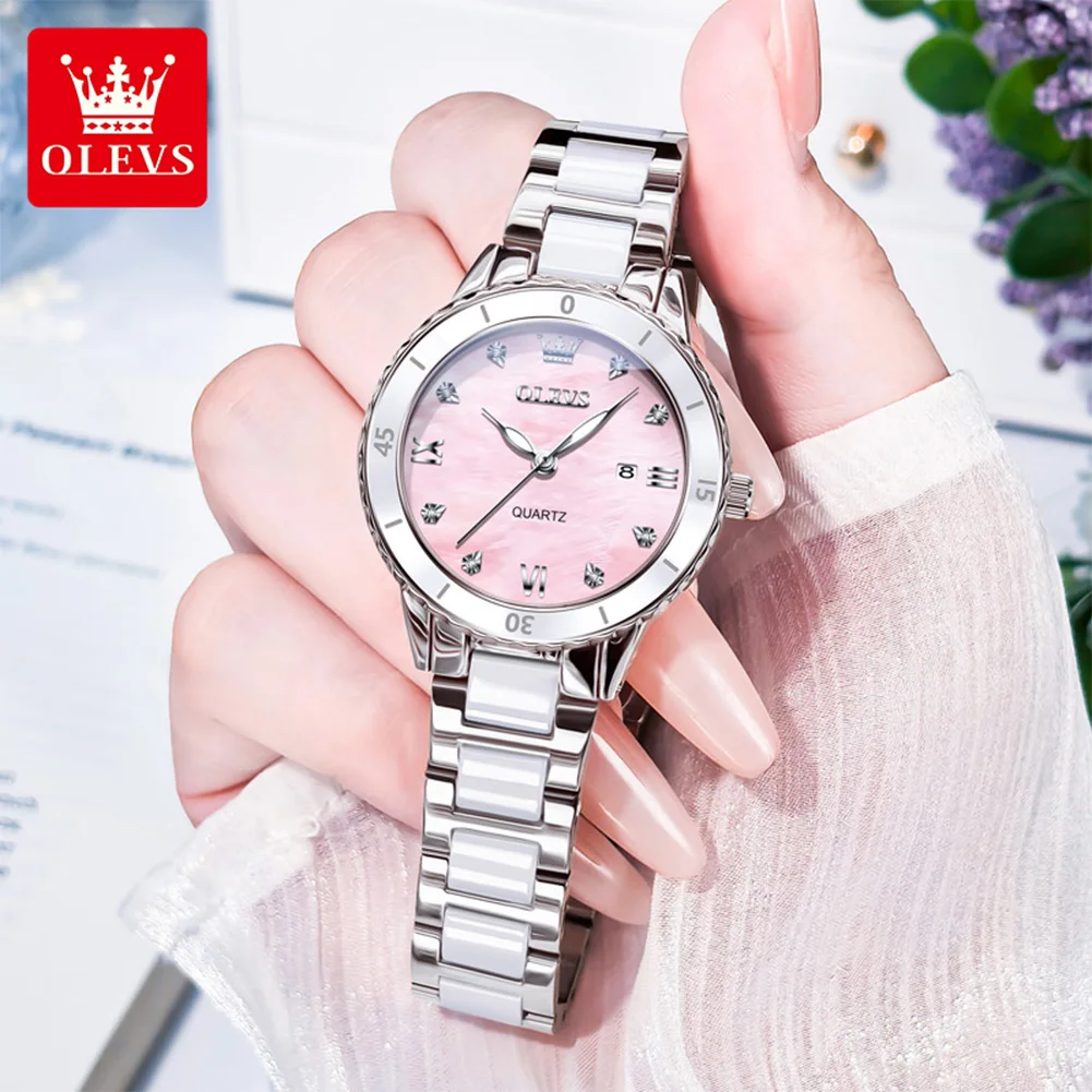 OLEVS 9985 ساعة نسائية فاخرة قسط ساعة كوارتز نسائية أنيقة سيراميك مقاوم للماء مضيئة تاريخ ساعة نسائية ساعة هدية لها