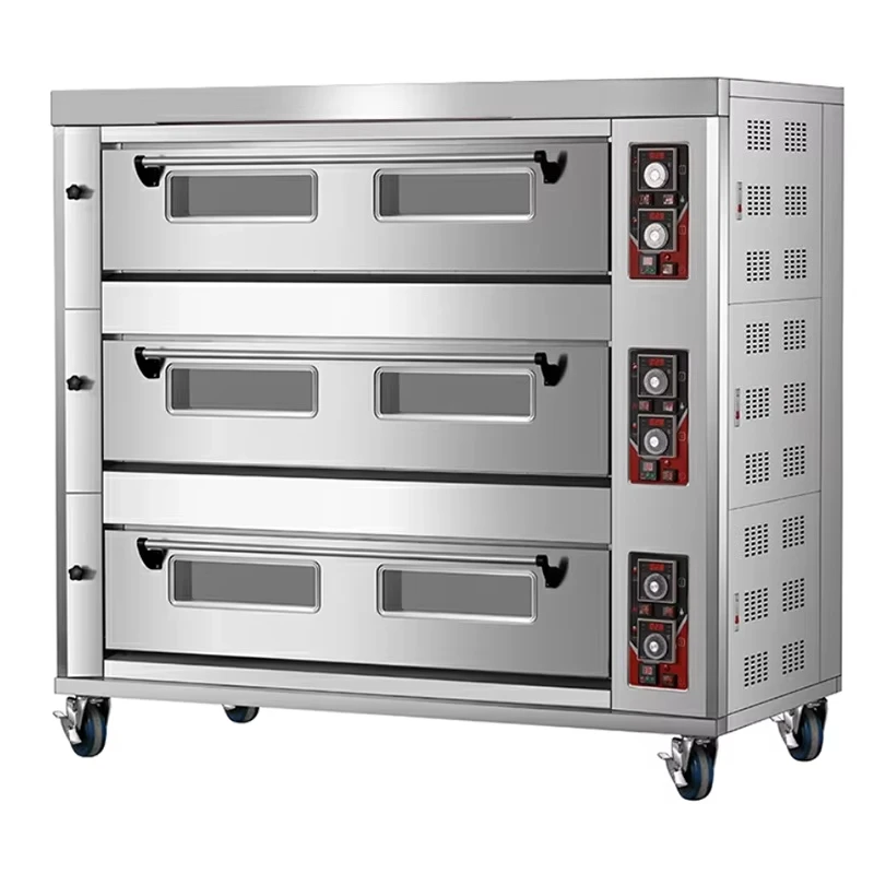 

Customized Hot Sale Commercial Automatic Bakery Aluminum Steel Plate Gas Oven 3 Decks 12 Trays Digital Control Bread Bakeries