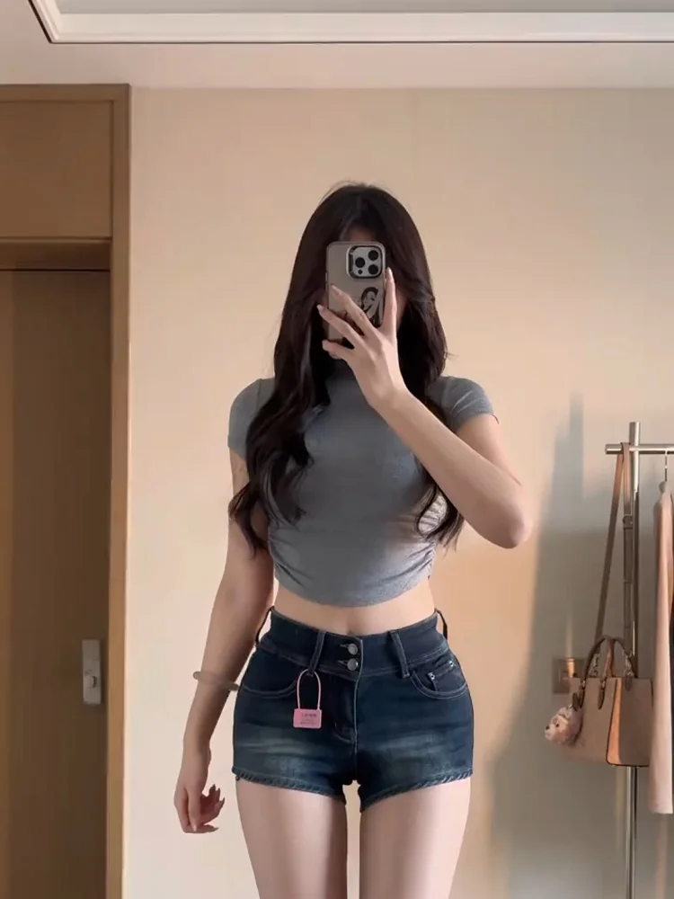 

Женские джинсовые шорты с высокой талией в стиле ретро, американского кроя, укороченные, облегающие, с двойной эластичной резинкой, из хлопкового денима