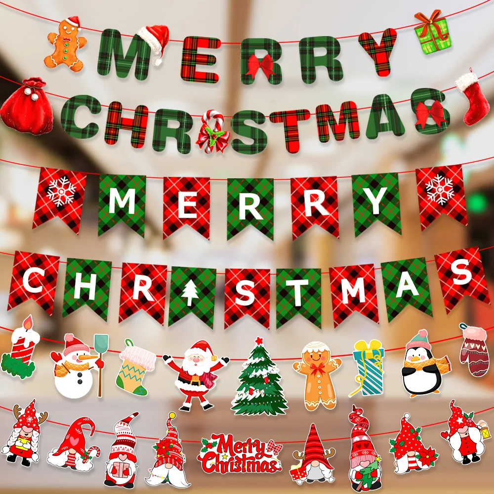 Merry Christmas Banners Decoration Santa Claus Snowman Paper Hanging Banner Red Green Xmax Pendant Christmas Decoration 2024