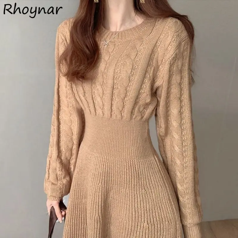 

Dresses Women Solid Knitting All-match Daily Warm Autumn Attractive Basics Vintage Korean Style Trendy Graceful Aesthetic Tender