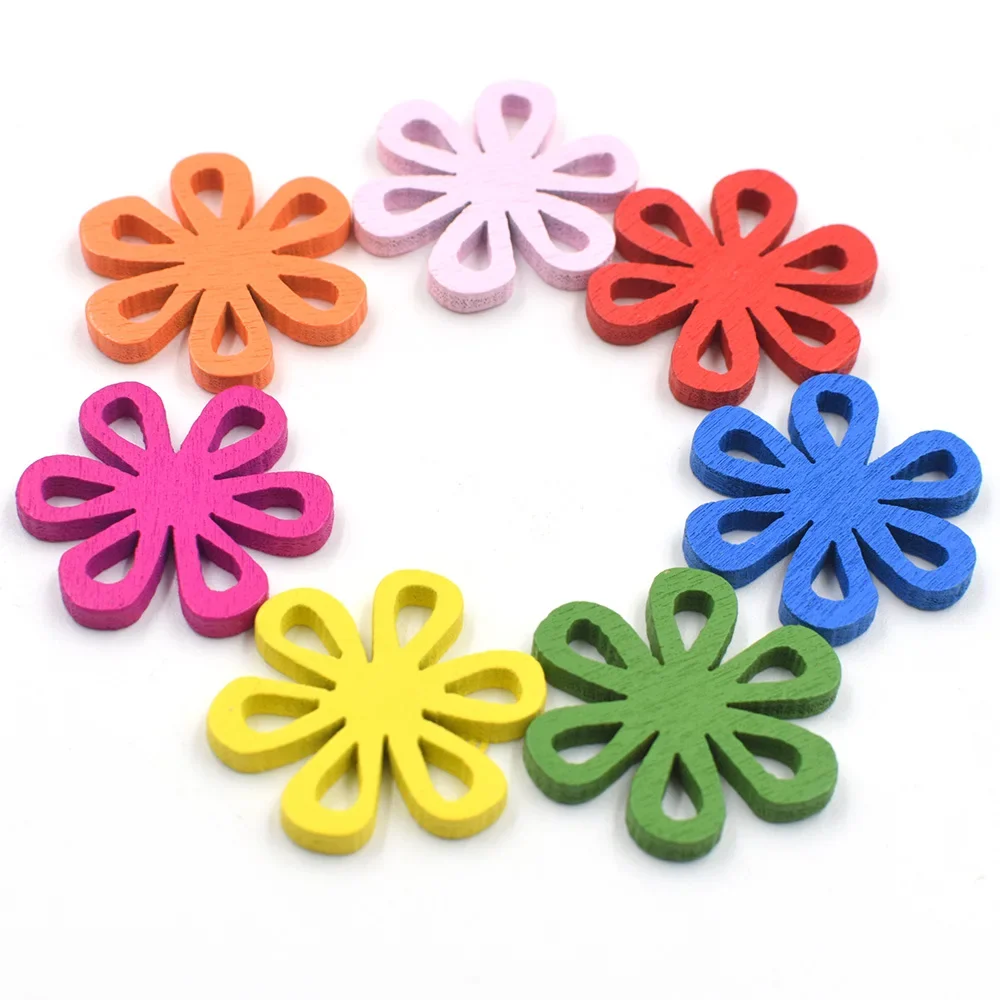 50pcs random mixed colors Flower Shape Wood Buttons  for Handwork Sewing DIY Clothing Crafts Accessories Gift Card Decor - view 4