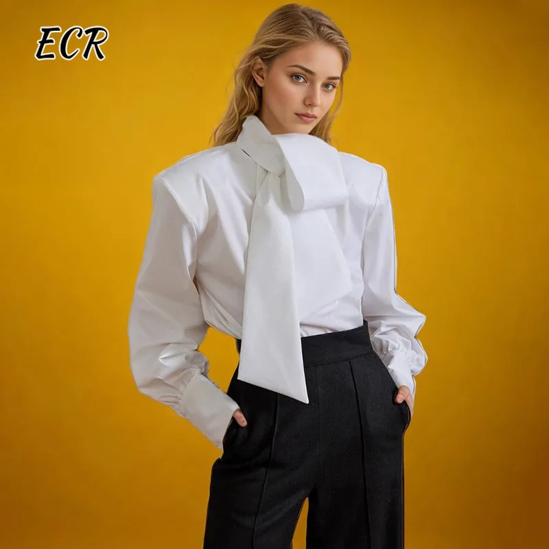 

ECR Temperament Patchwork Lace Up Blouses For Women Round Neck Long Sleeve Solid Casual Minimalist Shirts Female Fashion Clothes