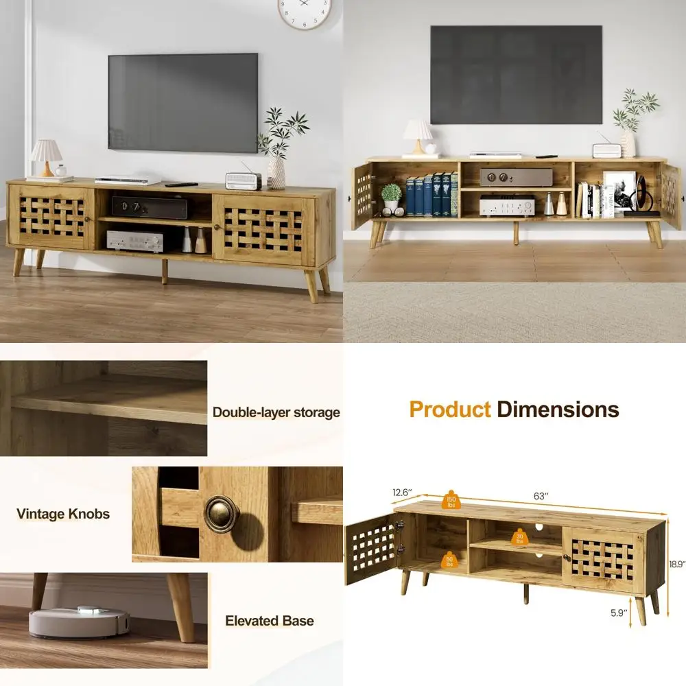 Supporto TV in rattan con design scanalato per TV da 65 pollici - Centro di intrattenimento portaoggetti, mobile console multimediale