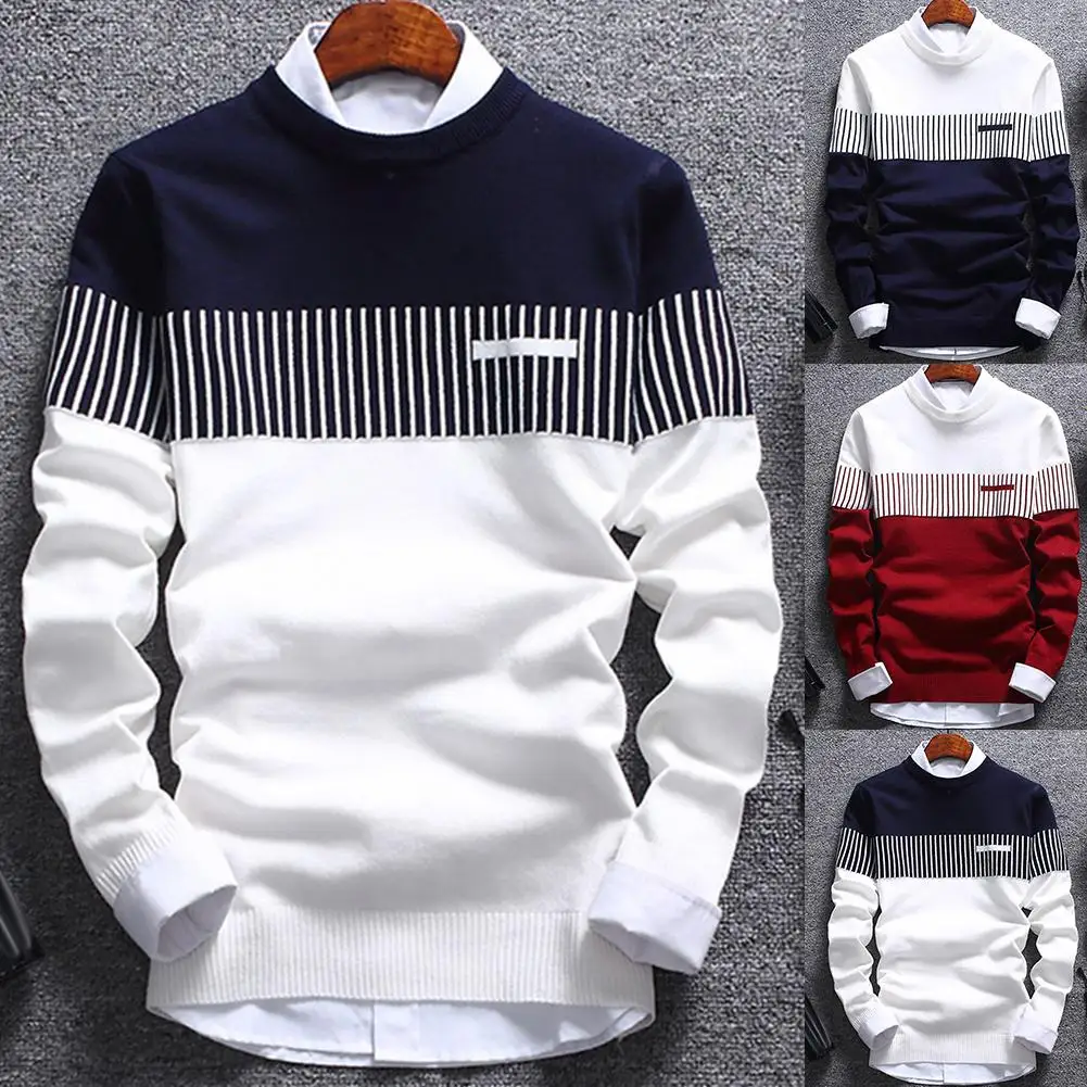 1pc  Fashion Men Color Block Patchwork O Neck Long Sleeve Knitted Sweater Top Blouse Polyester Spandex Casual Warm Men's Sweater