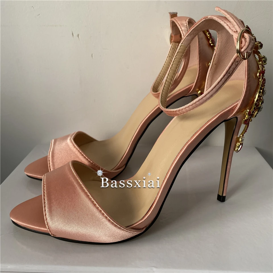 Luxury Satin One-Strap Sandals Women Summer 10cm Thin High Heels With Crystal Metal Decor Party Shoes 2024