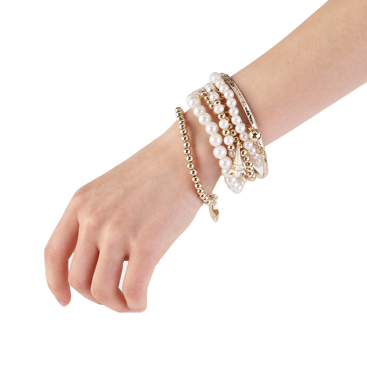 

Vintage Pearl Bracelet For Women Gold Multi-Layer Coin Design Cuff Bangle Jewelry Eiffel Tower Peral Bangle Bridal Wedding Party