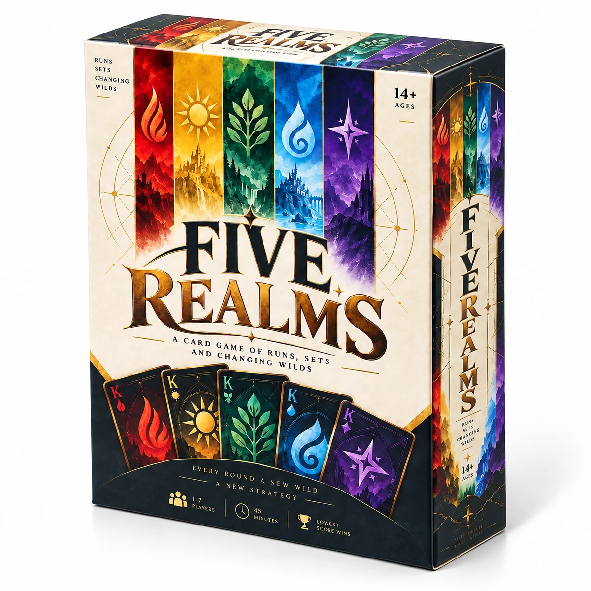 FIVE REALMS Strategic Rummy Style Card Game with Runs Sets and Changing Wild Cards Family Game Night Card Game Fast Easy to Lear
