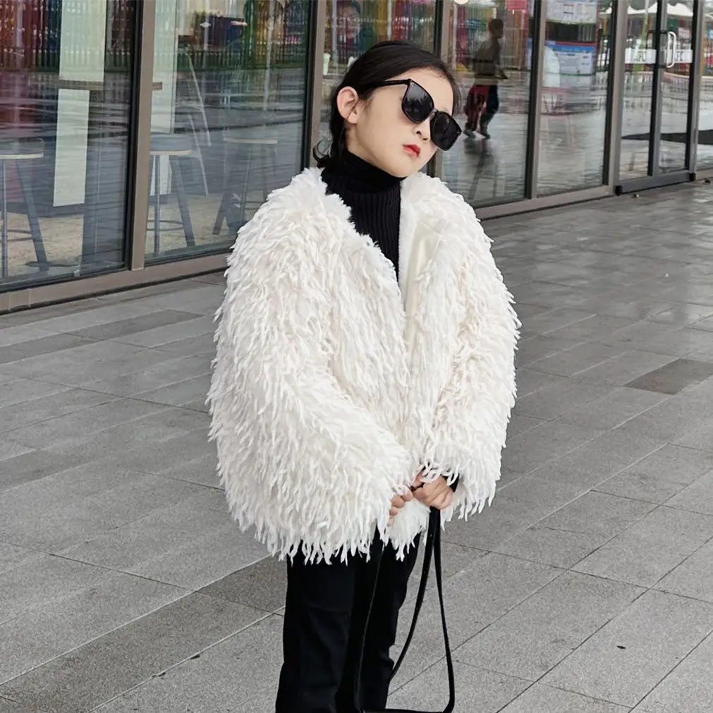 Girls' New Winter Solid Color Fur Jacket with Thick Velvet Windproof and Warm Fashionable Party and Runway Cotton Jacket