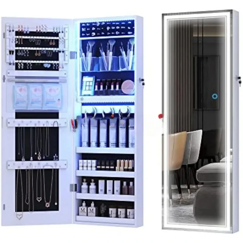 FOR ewelry Mirror Cabinet, Wall/Door Mounted Jewelry Armoire Organizer with 3 color LED lights Full-Length