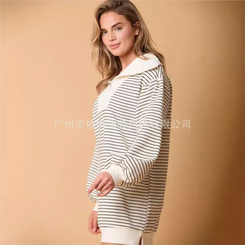 Abito ampio Stile semplice Abiti a righe 2025 Donna Risvolto Moda Casual Pendolarismo Homewear Abbigliamento per la casa Maniche lunghe