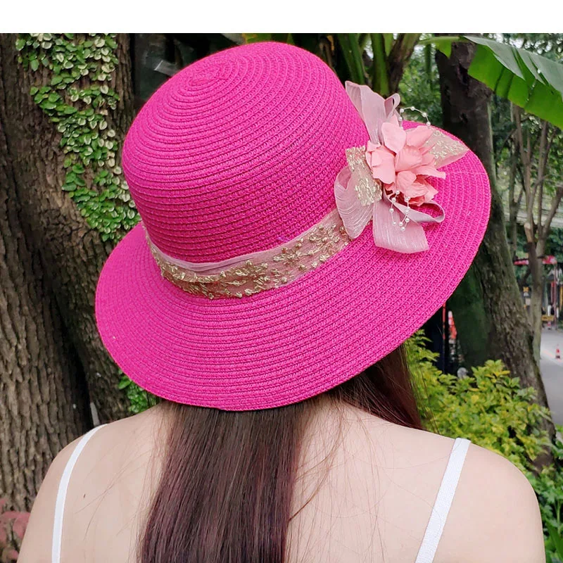 Fashion Women Summer New Women\'s Sun Hat Bucket Cap Beige Lace Bowknot Flowers Ribbon Flat Top Straw Hat Beach Caps Panama Gift