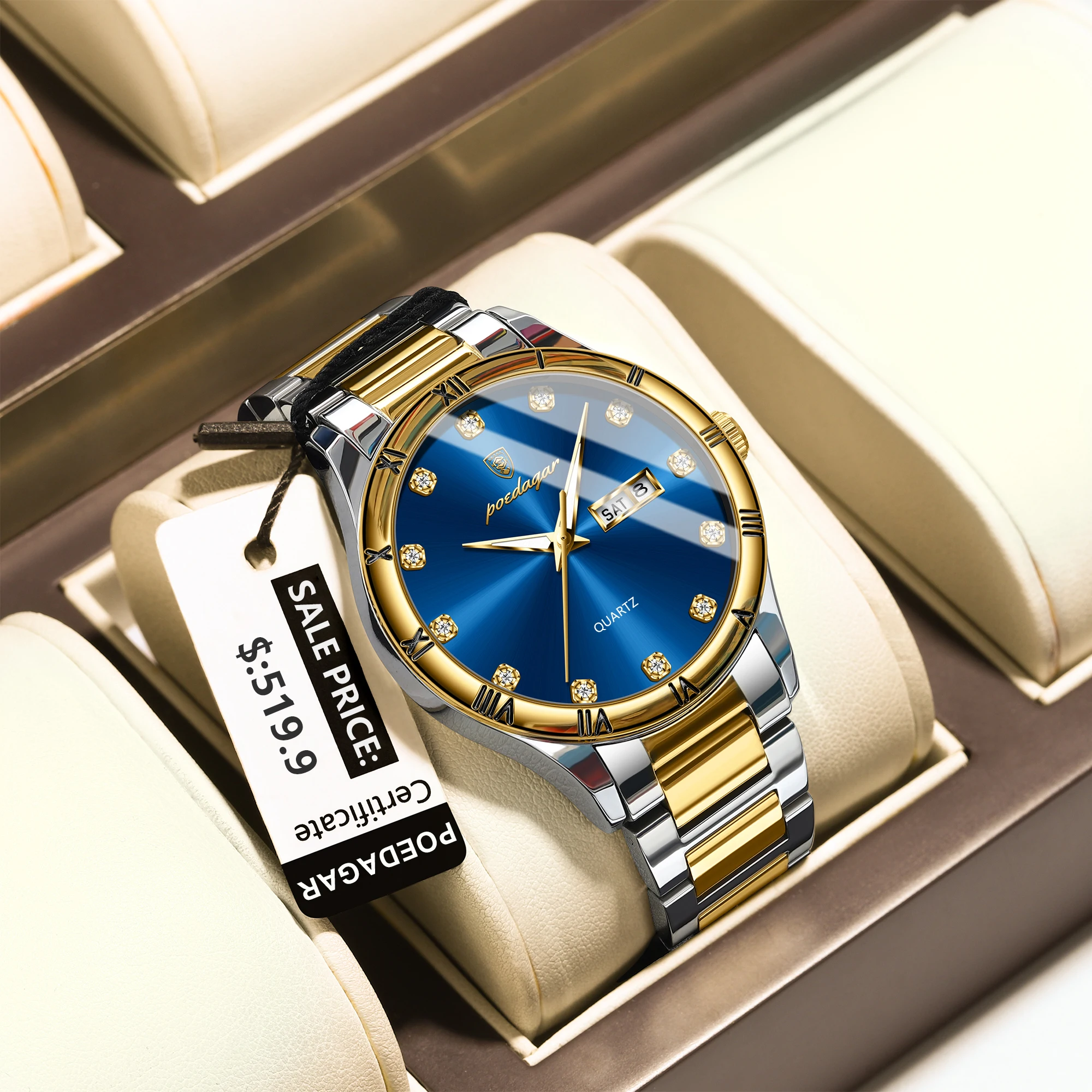 POEDAGAR ساعة كوارتز رجالية فاخرة تاريخ الأسبوع مقاوم للماء ساعة رجالية مضيئة الفولاذ المقاوم للصدأ ساعات موضة عادية للرجال Reloj