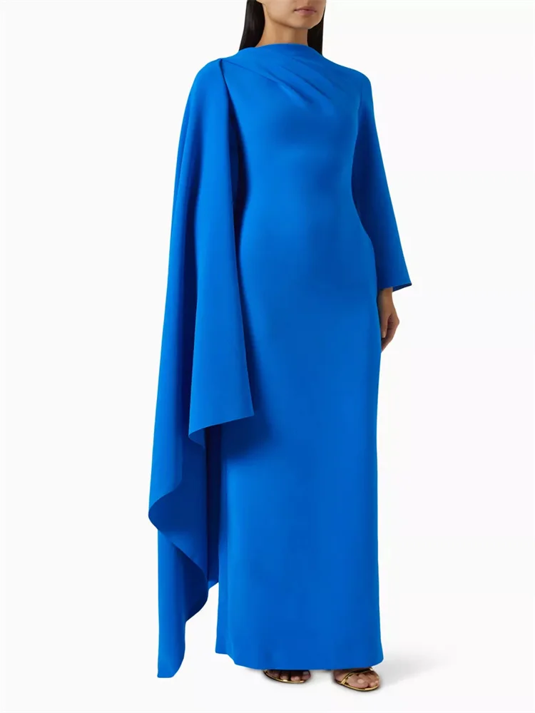 Robe de soirée droite en satin pour femme, cape personnalisée, manches longues, fermeture à glissière au dos, longueur au sol