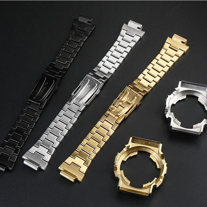 Stainless Steel Strap For Casio gshock GA100 110 120 140 GD100Watch Band Case Refined Steel Fittings Double Press The Bow Button