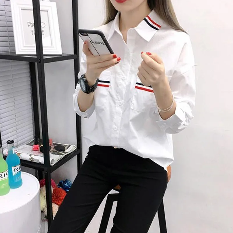 Simplicity Fashion Striped Single-breasted Blouse Women Classic Long Sleeve Polo Collar Loose Office Color Block All-match Shirt