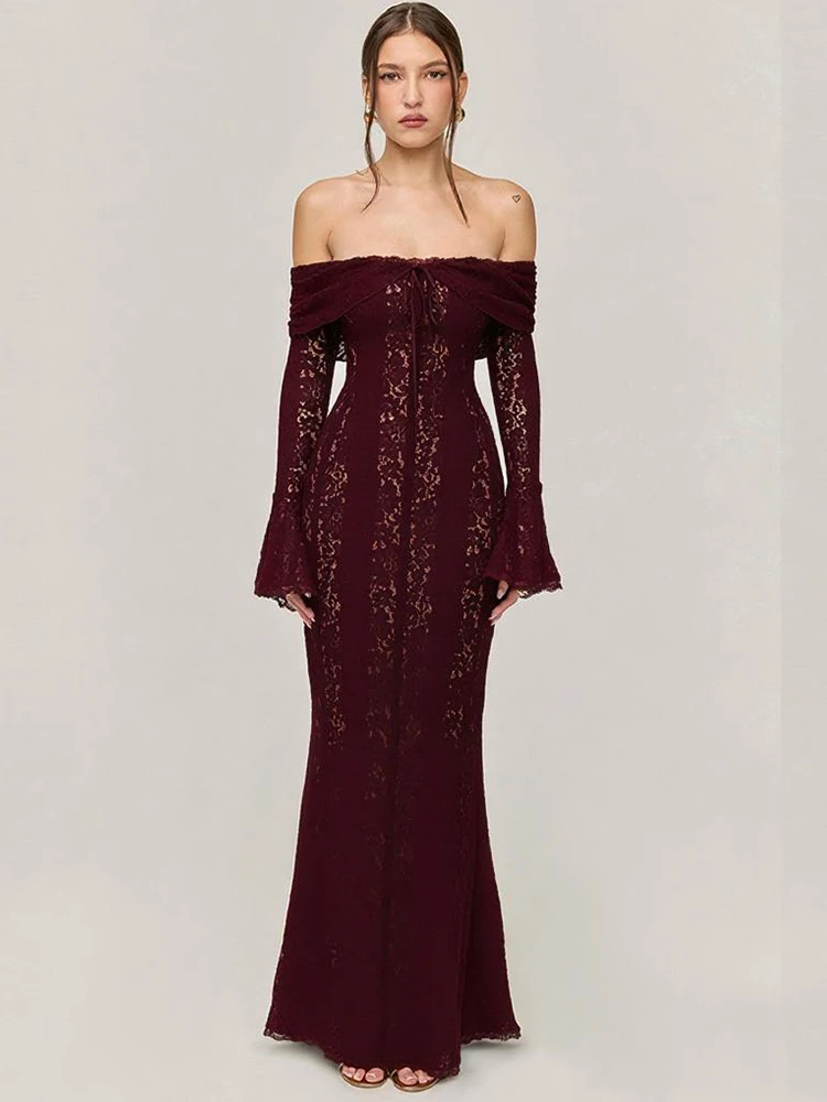 Suninheart witte maxi bruiloftsgastjurk dames 2025, elegant off-the-shoulder avondfeestjurken, rode kanten jurk met uitlopende mouwen - afbeelding 1