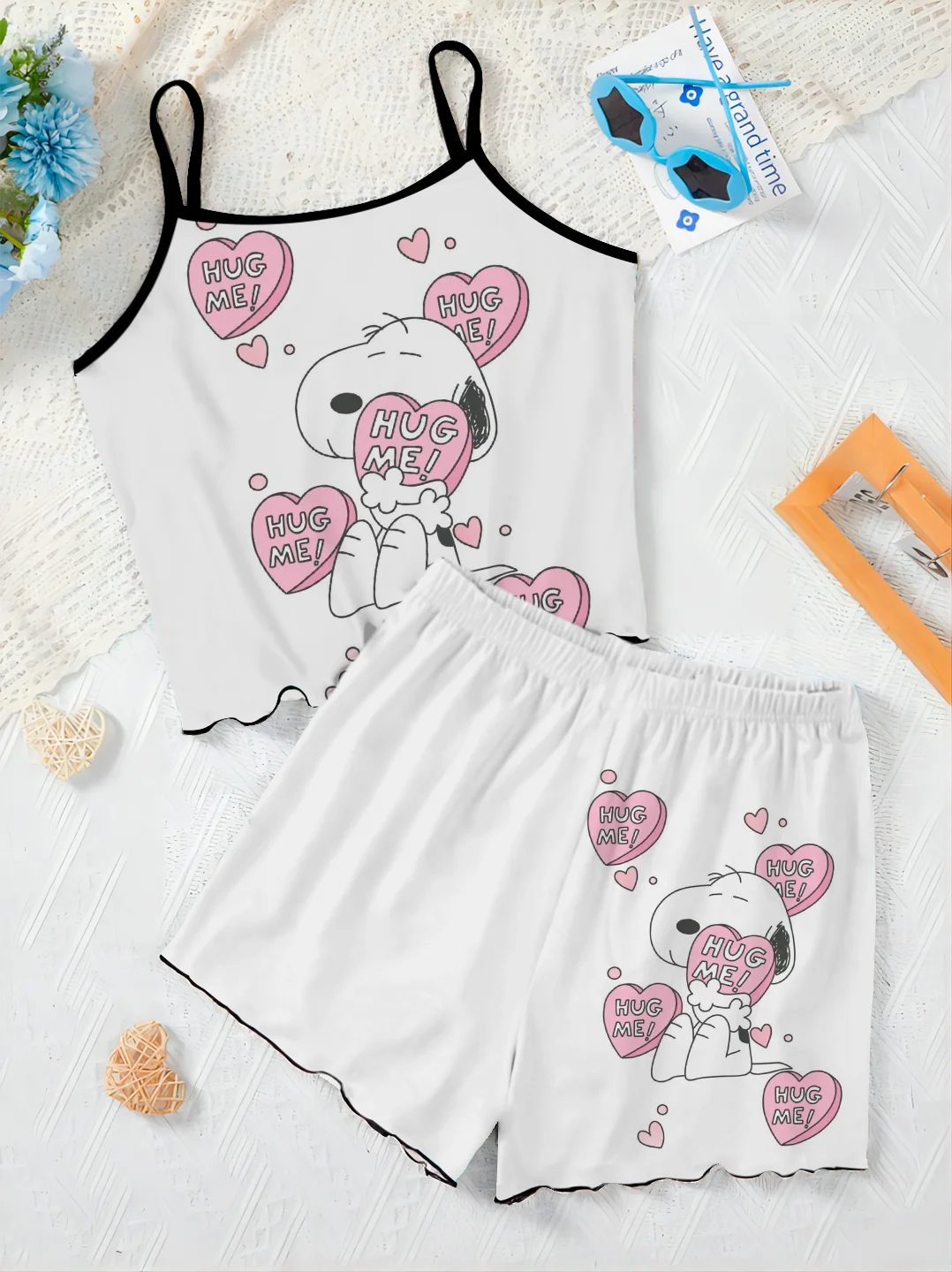 Two Piece Set Women's Suit Slip Dress Disney T-shirt Snoopy Top Lettuce Trim Short Sets Pieces Elegant Bottom Disney Home Dress