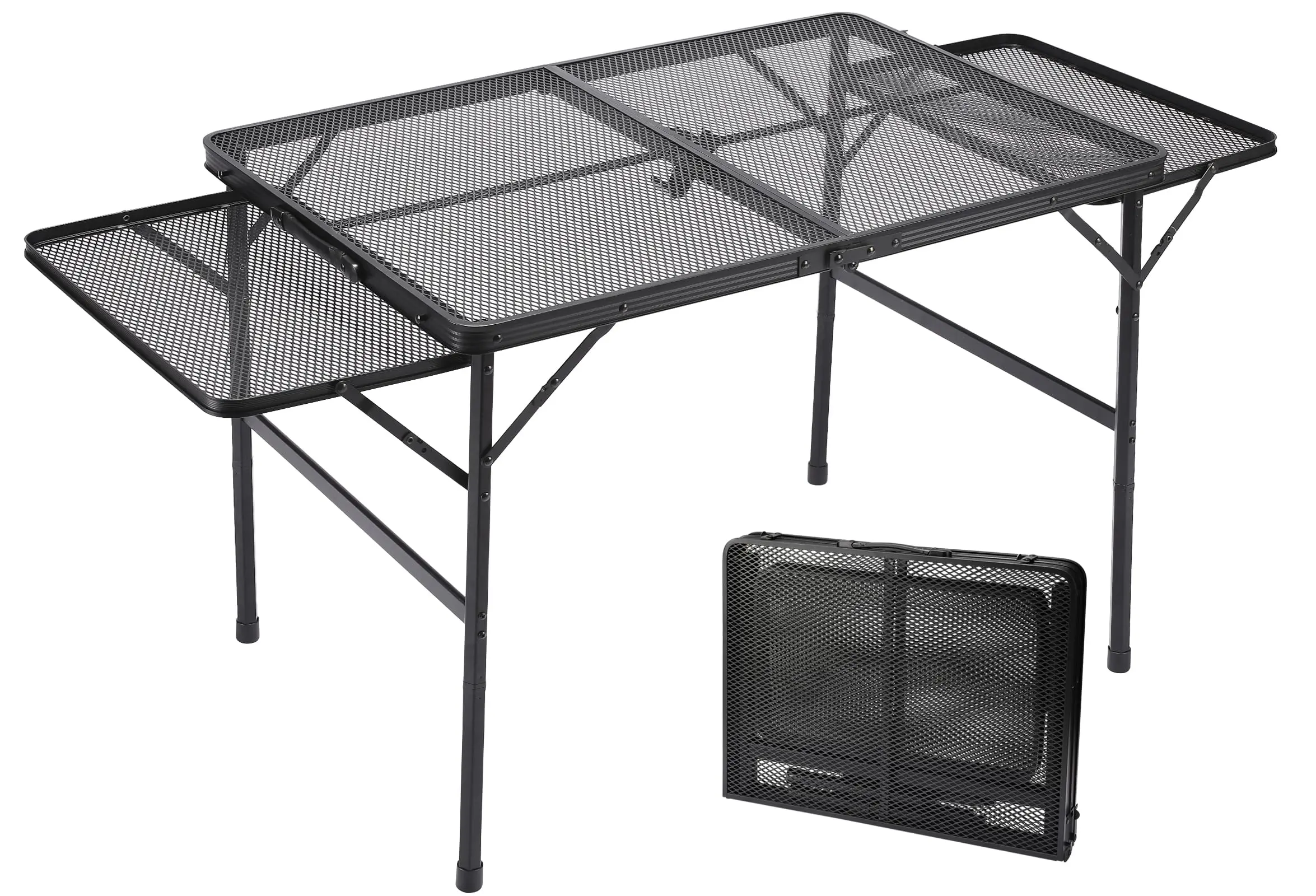 

Folding Family Camping Table with 2 Wing Panels Metal Grill Table with Mesh Desktop Adjustable Heights Large Picnic