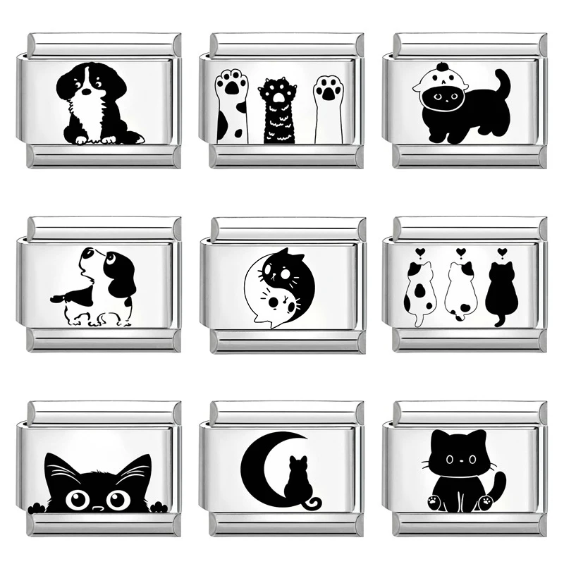 Cute Black Cat Laser Engraving Italian Charm Links Fit 9mm Bracelet Stainless Steel Jewelry DIY Making Gifts
