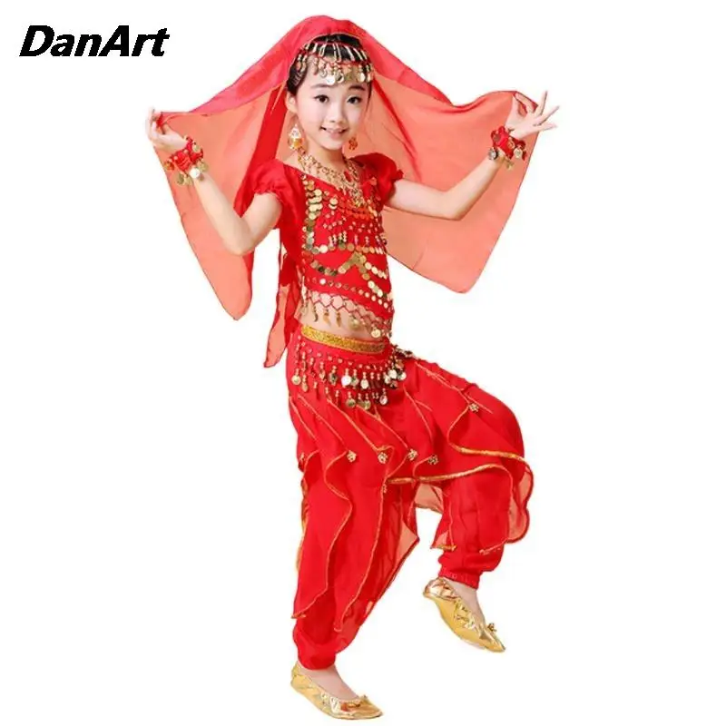 4PCS Girls Sequin Belly Dance Outfit Arabic Halloween Coins Costume Set Children Indian Dance Practice Performance Clothing