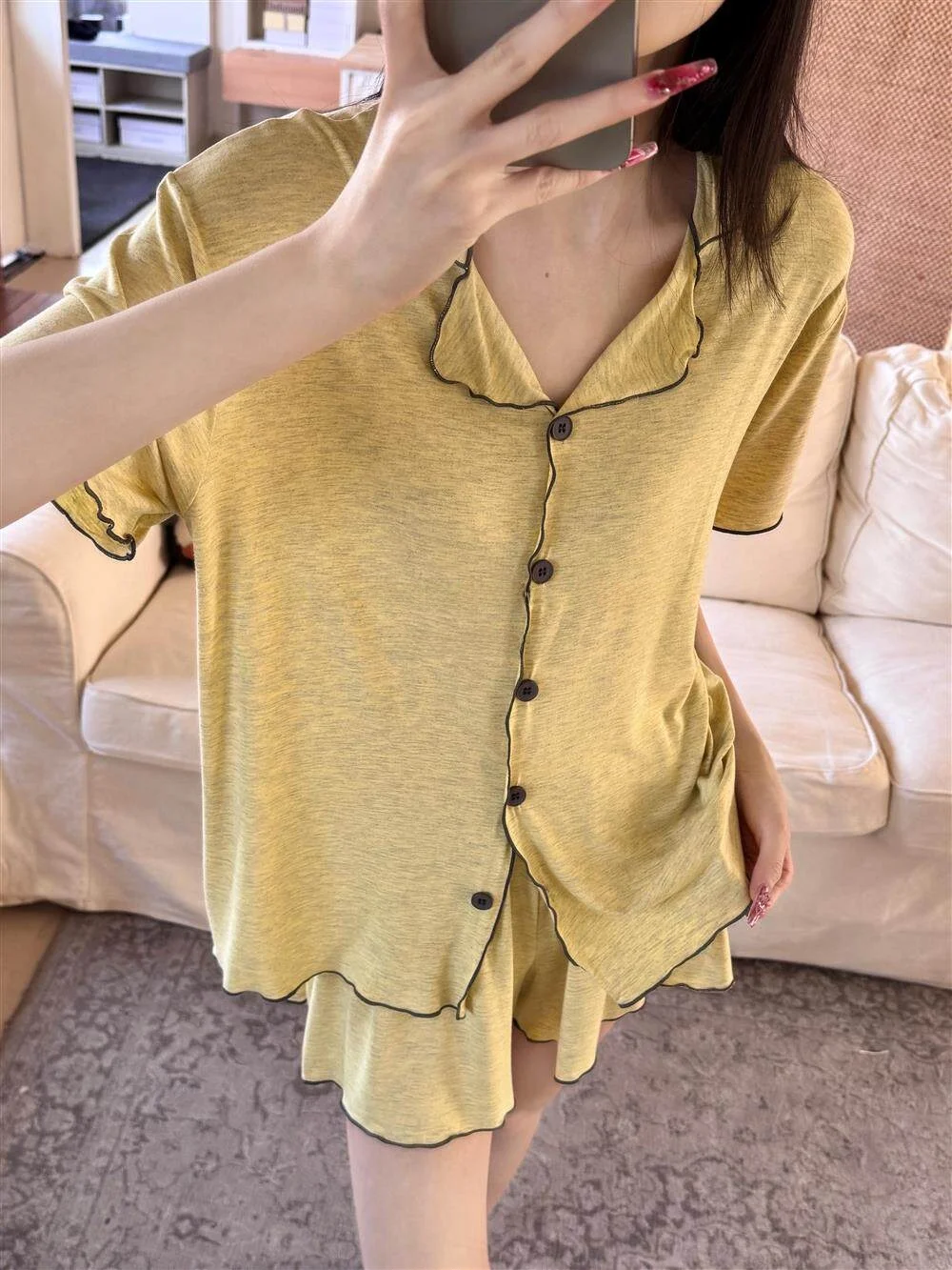 

Modal Sleepwear Women's Summer New Korean Style Sweet Color Block Wood Grain Open Cardigan Short Sleeve Shorts Home Clot...