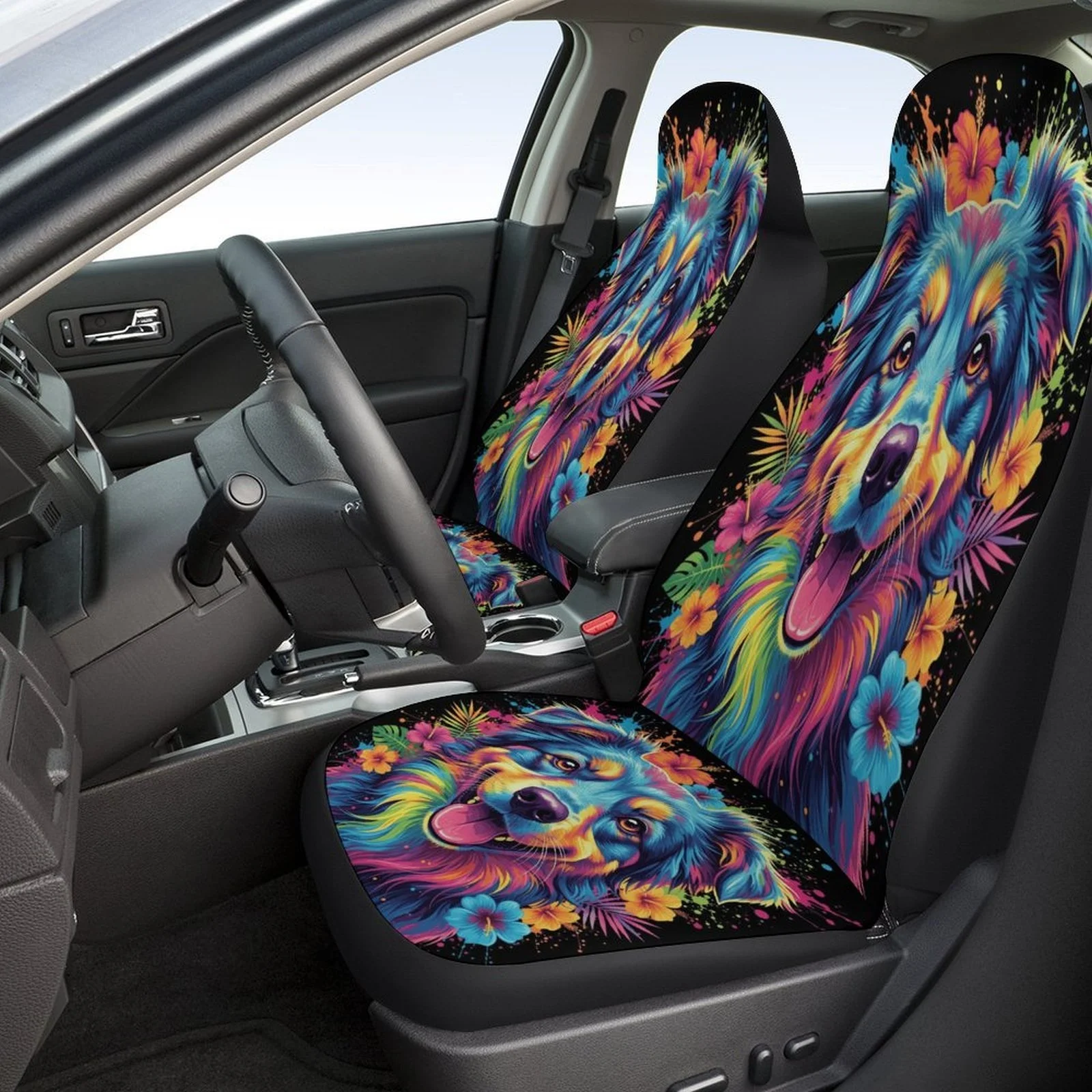 Rainbow Dog Portrait Designed Car Seat Covers Set For Most Cars, Trendy Breathable Decorative Car Seat Protector Covers Full Set