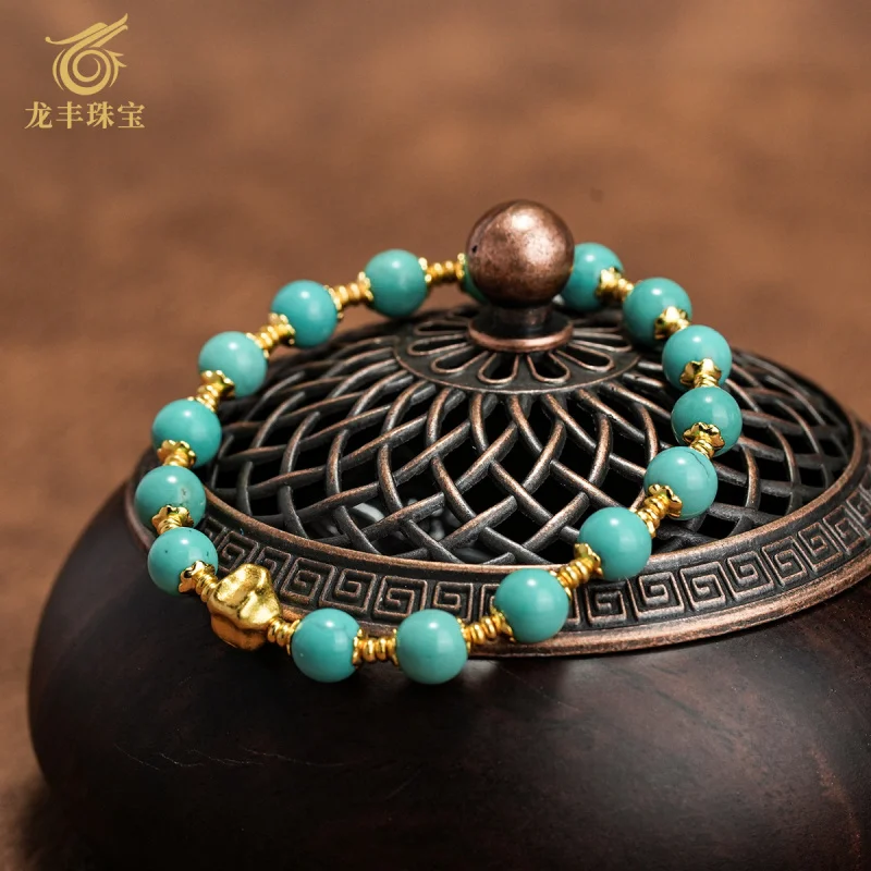 S925 Silver Plated 18k Gold Natural High Porcelain Turquoise Round Beads Bracelet Women's Style