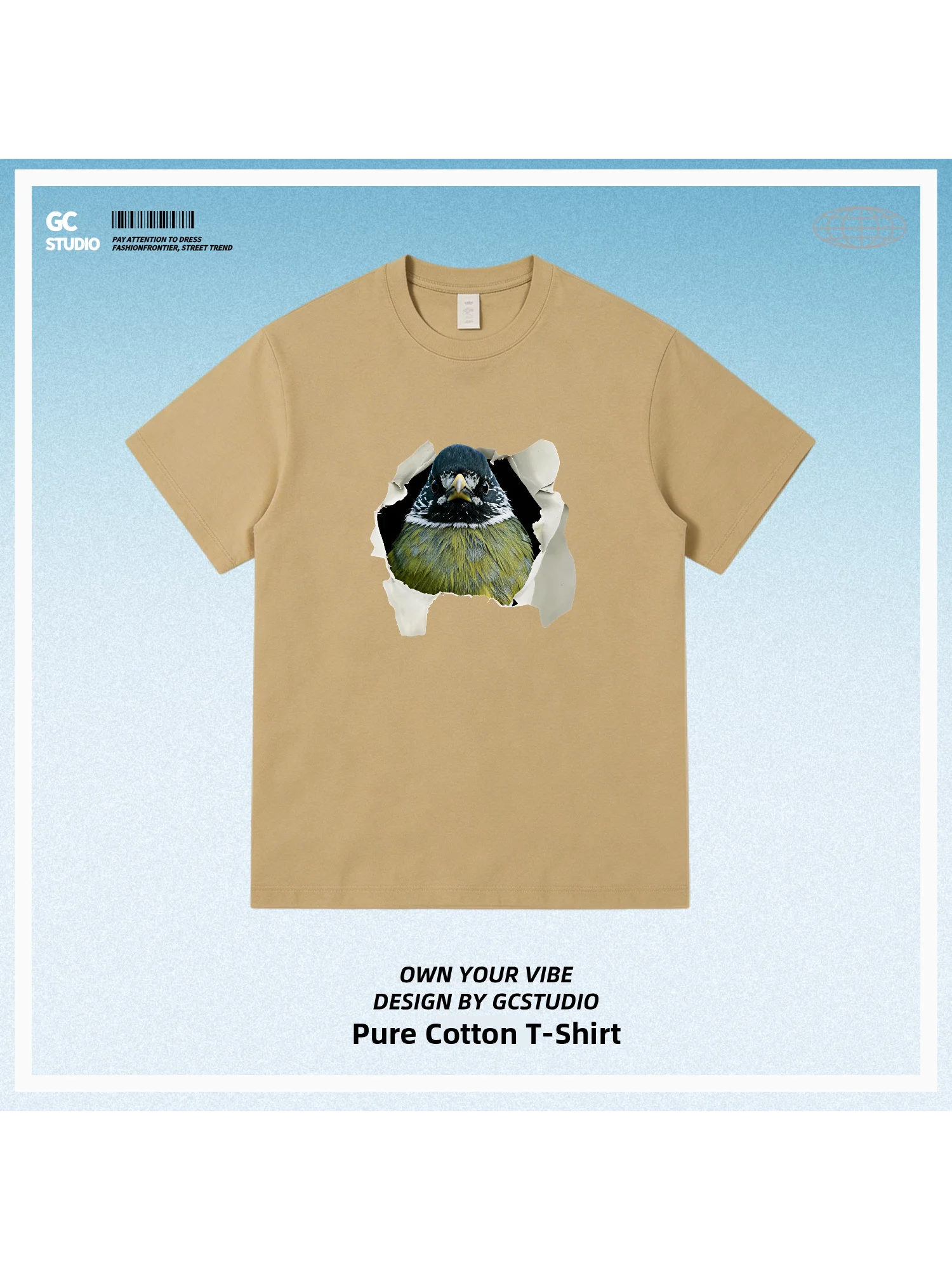 Cotton Short Sleeve T-Shirt Bird Watching Outdoor Fun Printed Crew Neck Hole Pattern Wild Animal Design Breathable Casual Top