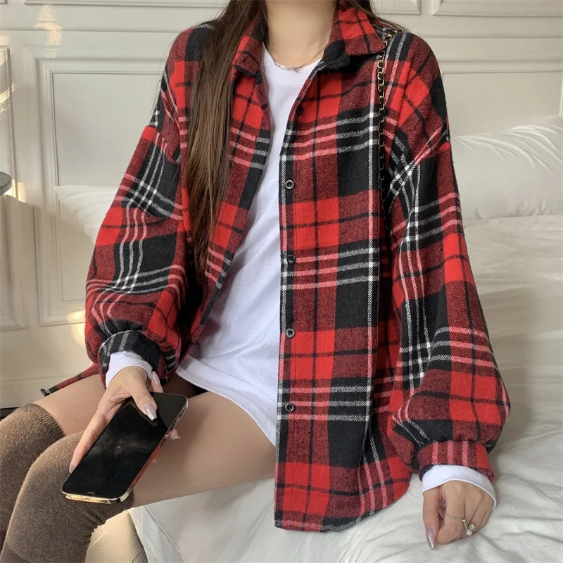 Camicia donna Plaid flanella Shacket Slouchy oversize Button Down manica lunga camicia a quadri giacca autunno inverno natale Outfit