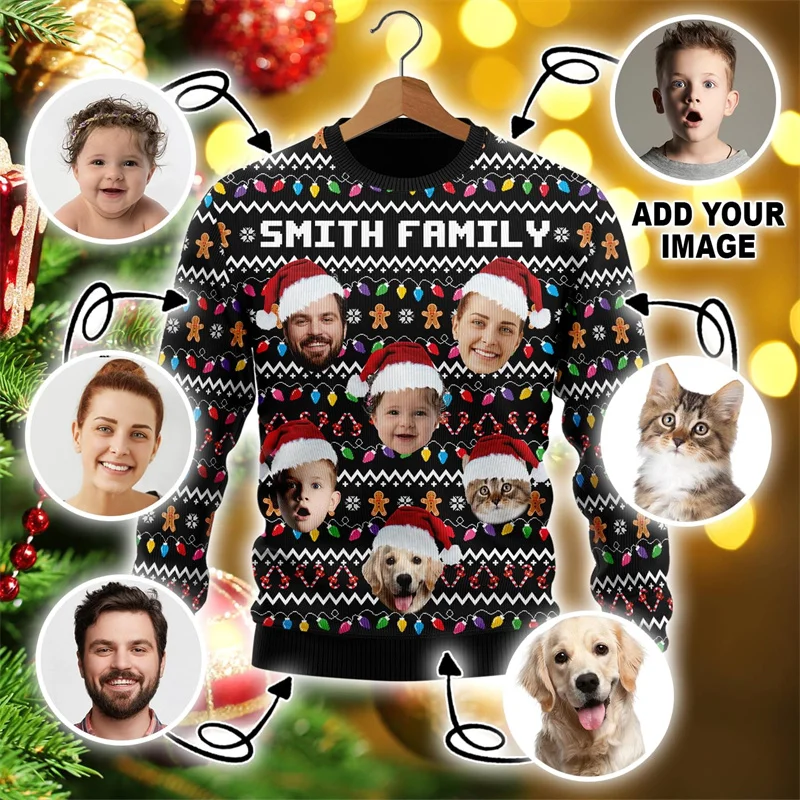 Grappige aangepaste foto 3D-geprinte lelijke kersttrui voor dameskleding Aanpassen gezicht truien Diy afbeelding Sweatshirt cadeau tops