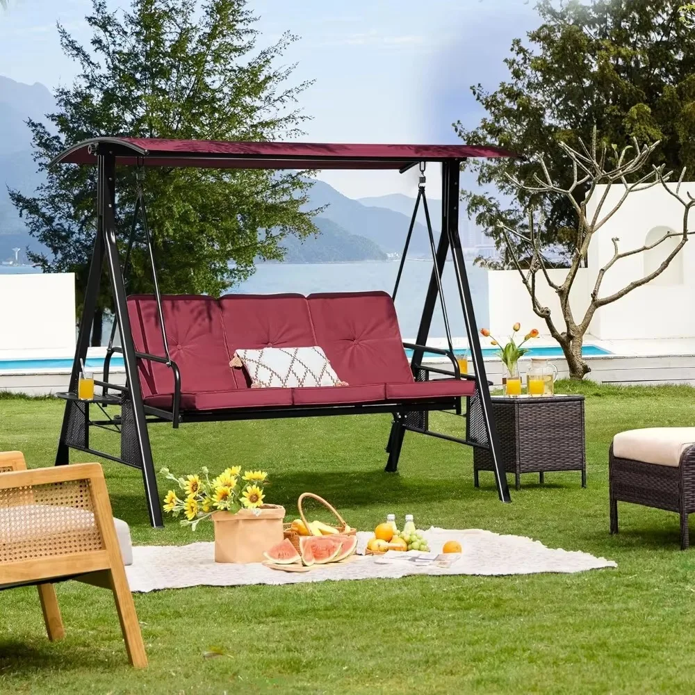 

3 Seat Swing Chairs, Luxury Outdoor Patio Porch Swing with Steel Frame, Adjustable Tilt Tent Suitable for Courtyard Garden