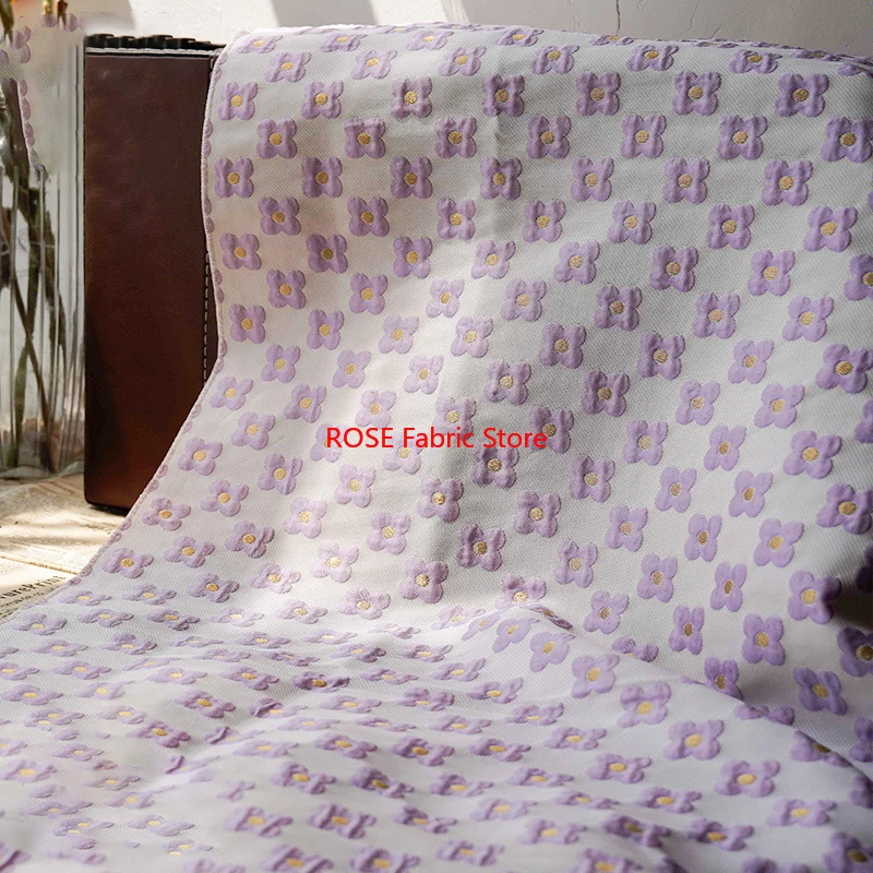 1 meter Purple Four Leaf Flower Embossed Yarn Dyed Jacquard Fabric Spring Autumn Women's Simple Dress Diy Sewing Fabric