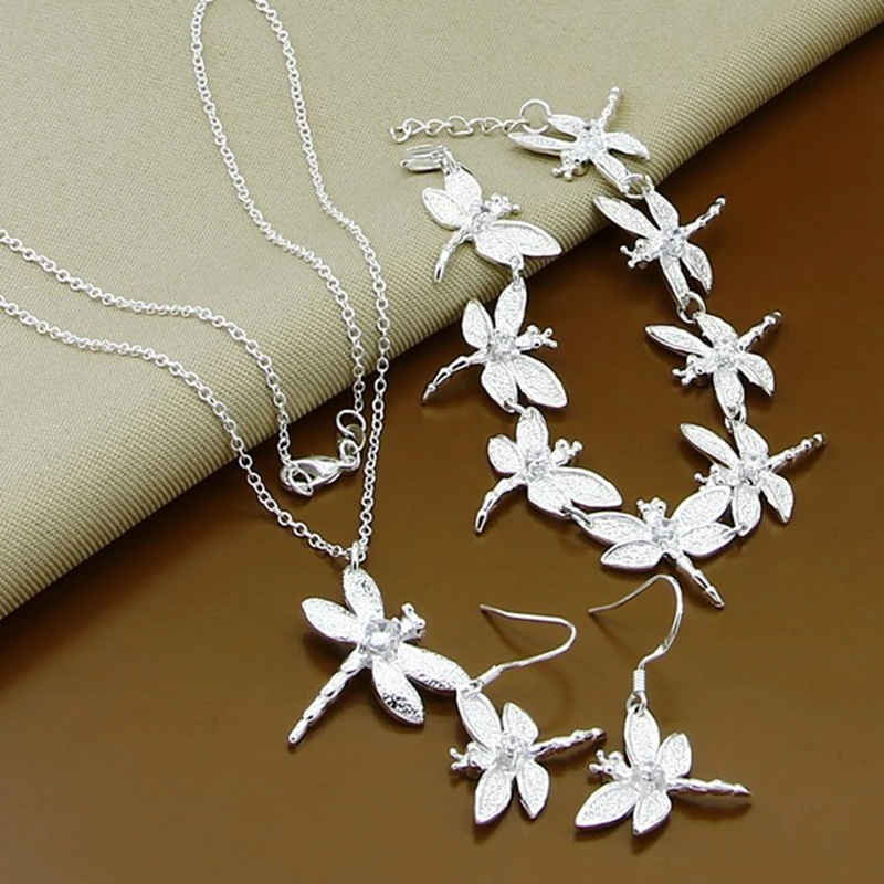 925 Sterling Silver Dragonfly Pendant Necklaces Link Chain Bracelets Earrings Fashion Jewelry Set