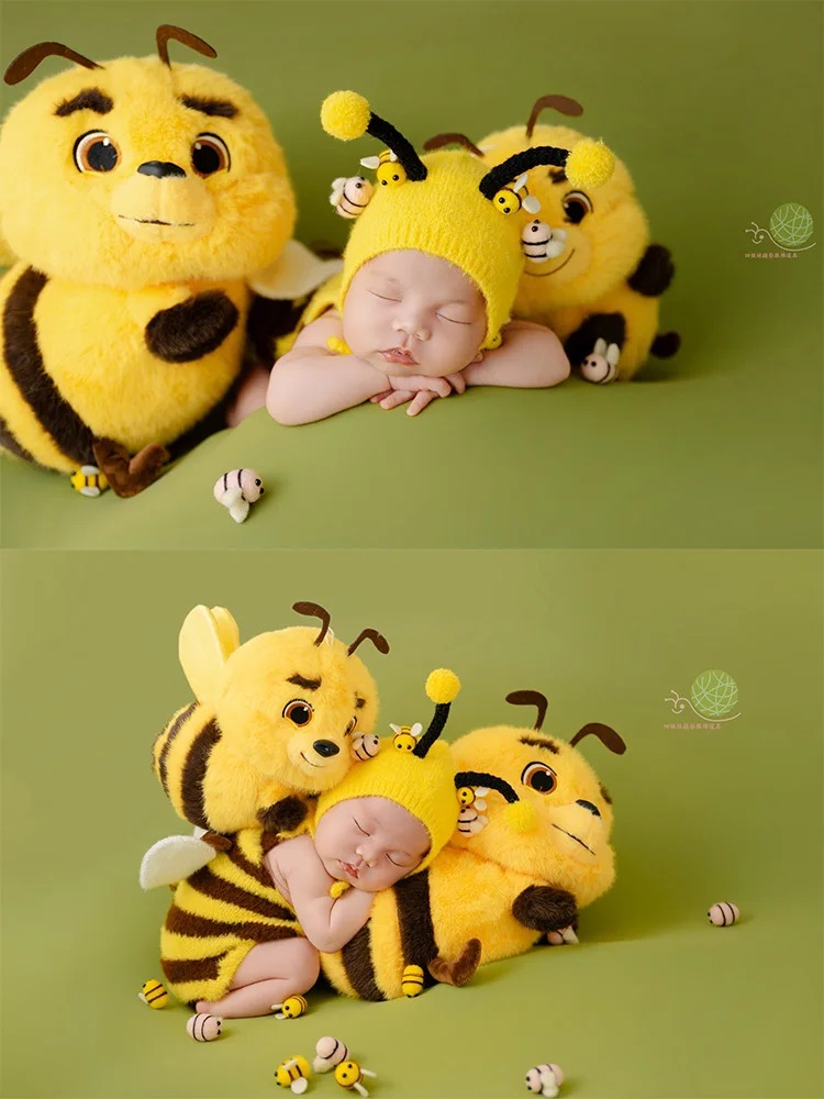

Newborn Photography Props Bee Themed Cute Knitted Bee Hat+stripe Romper Plush Honeybee Baby Posing Props for Studio Infant Photo